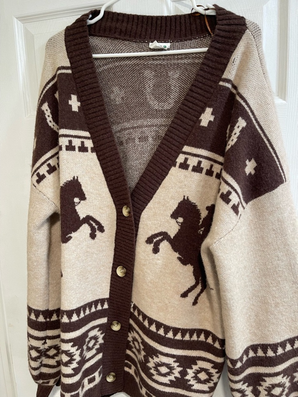 Women's Brown & Cream Horse-Pattern Button Cardigan Sweater. Western